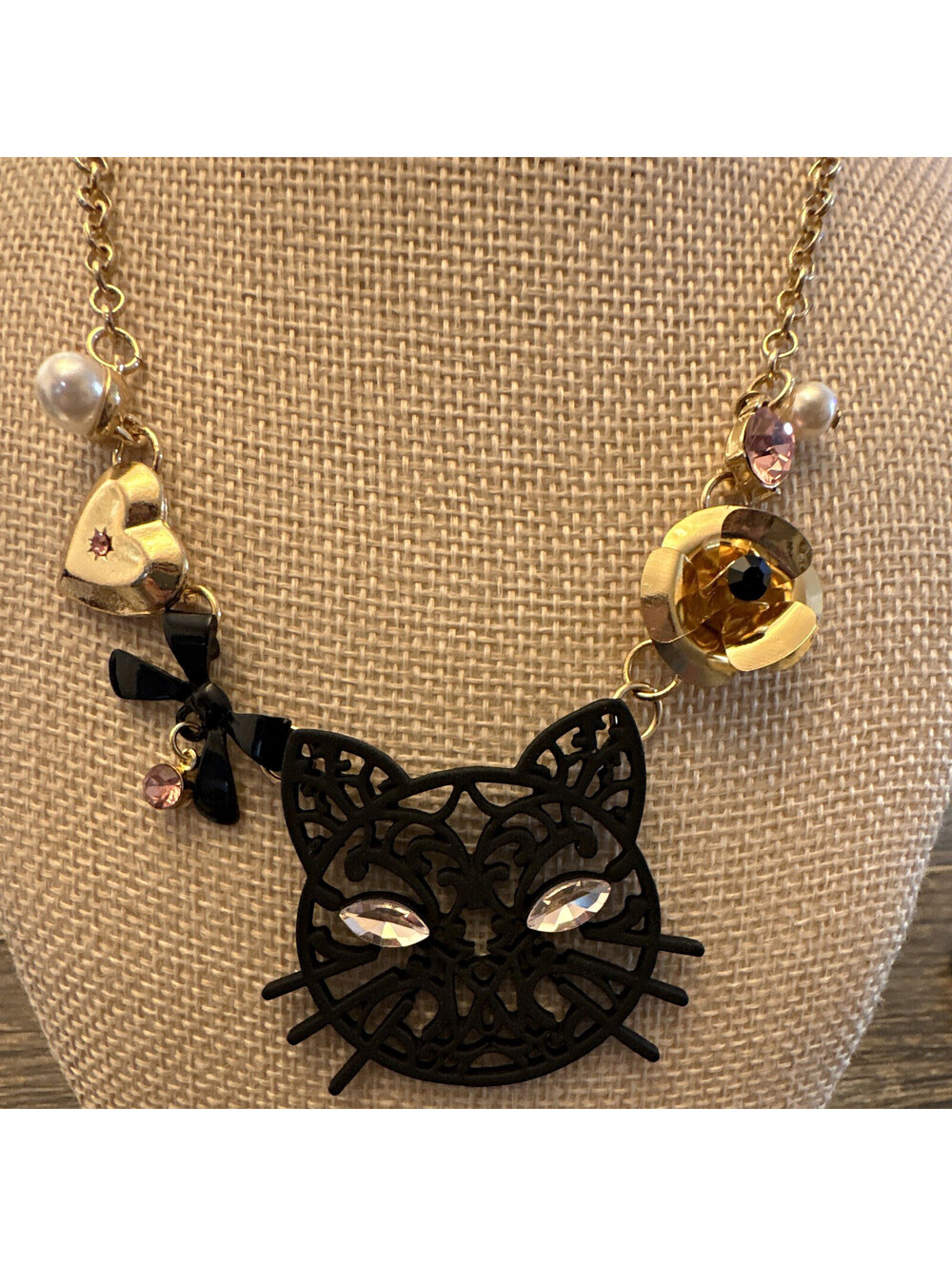 Betsey Johnson inspired black cat necklace gold tone
